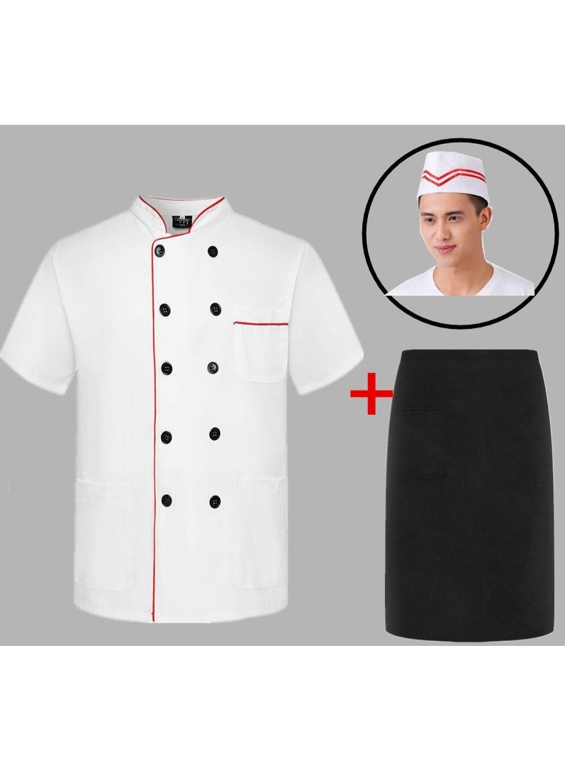 NIBEMINENT Unisex Stand Collar Short Sleeve Chef Uniform Line Decor Double Breasted Pocket Restaurant Bakery Waiter Uniform Cooking Tops  - Image 1