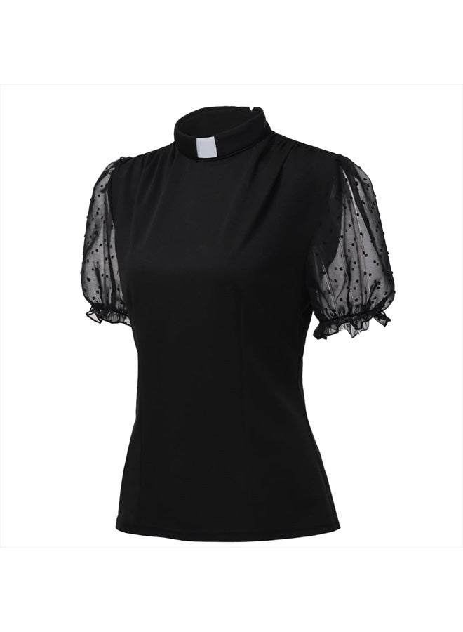 CAMDOM Womens Church Clergy Shirt Tab Collar Tulle Mesh Lantern Short Sleeves Slim Blouse Top Black - Image 3