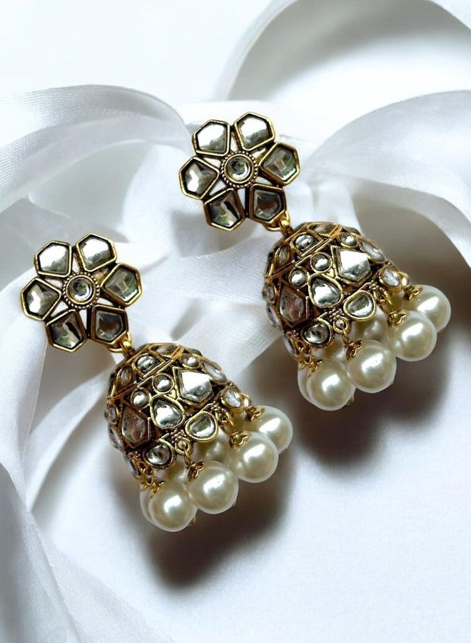 Accessher Traditional Gold Plated Kundan Studded Floral Jhumki Earrings, Ethnic Statement Earrings for Women and Girls |Perfect for Weddings| Pack of 1 (Design 2) - Image 3