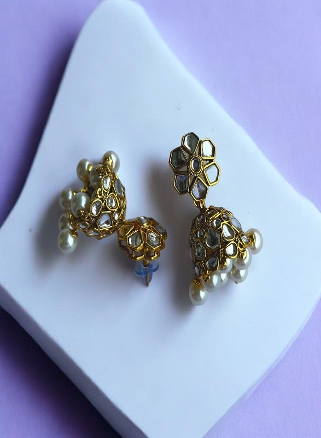 Accessher Traditional Gold Plated Kundan Studded Floral Jhumki Earrings, Ethnic Statement Earrings for Women and Girls |Perfect for Weddings| Pack of 1 (Design 2) - Image 4