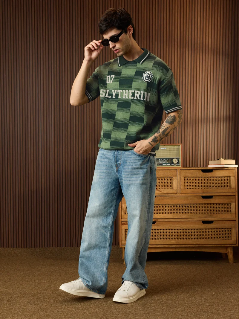 The Souled Store The Souled Store Men Harry Potter Green Applique Oversized Polos