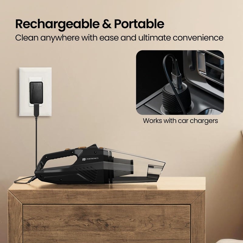 Portronics مكنسة كهربائية محمولة قابلة لإعادة الشحن من بورترونيكس موبكوب للمنزل والسيارة مع فلتر HEPA قابل للغسل وفوهات متعددة الوظائف لتنظيف عميق لاسلكي جاف للأجهزة المنزلية باللون الأسود - Image 2