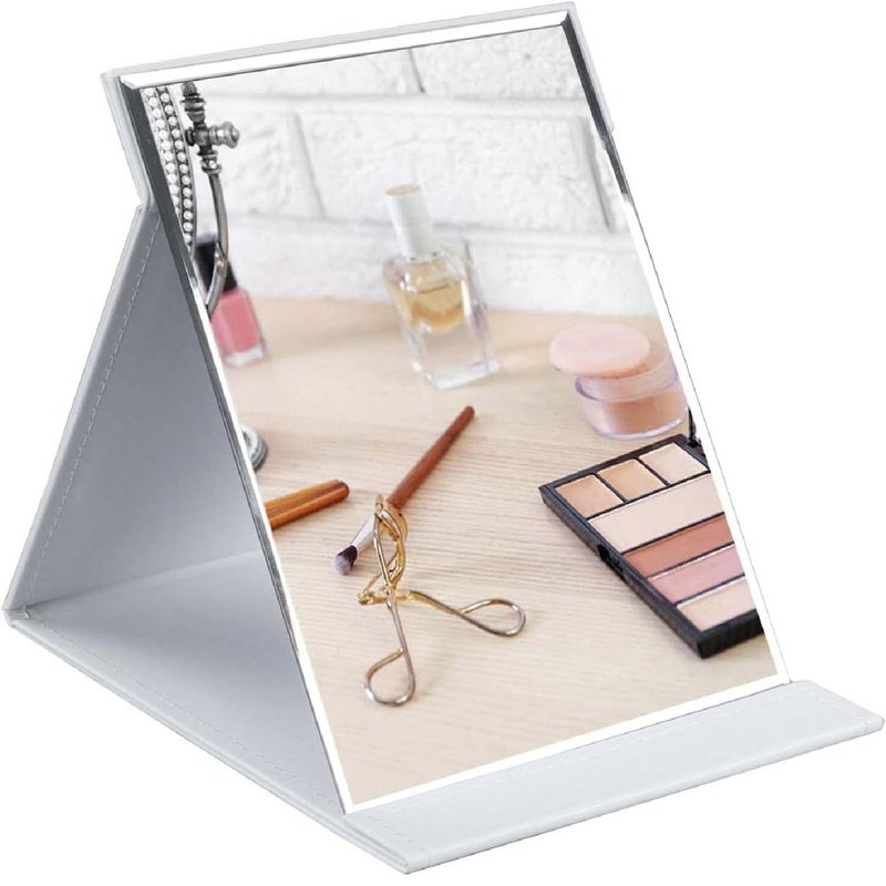 Krivety Krivety Portable Folding Vanity Round Compact Makeup Mirror with Stand for Desk Table Slim PU Leather Folding Princess Makeup Tabletop Camping Travel Cosmetic Mirror with Standing White 2  - Image 3