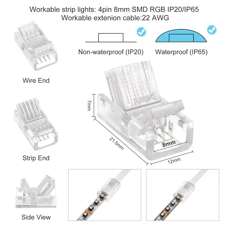 RGBZONE 10Pcs LED Strip Connector 4 Pin 8mm,Wide Strip to Wire Quick Connectors for Waterproof or Non-Waterproof 8mm Wide RGB SMD 5050/3528 LED Light Strip - Image 2