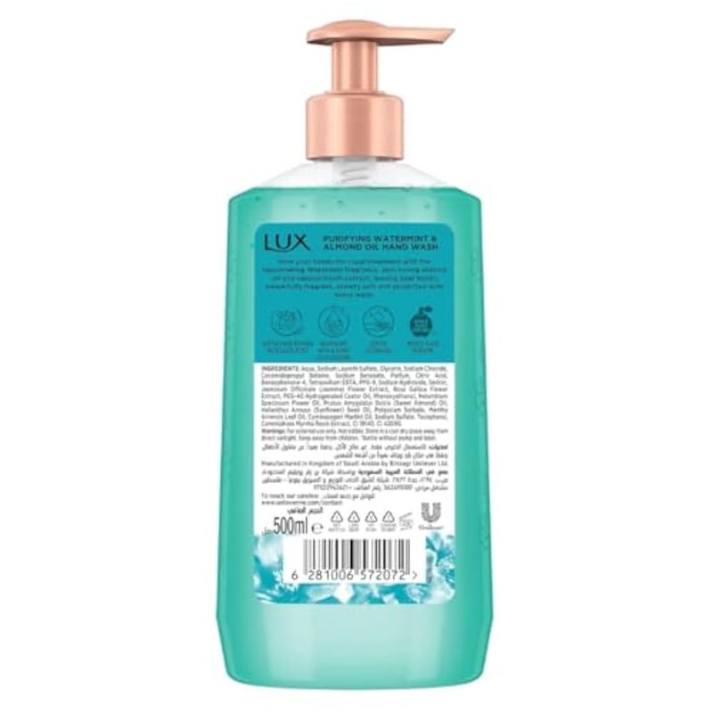 LUX Perfumed Liquid Hand Wash, Purifying Watermint, with Almond Oil & Glycerin, for Fragrant, Soft and Clean Hands, 500ml - Image 2