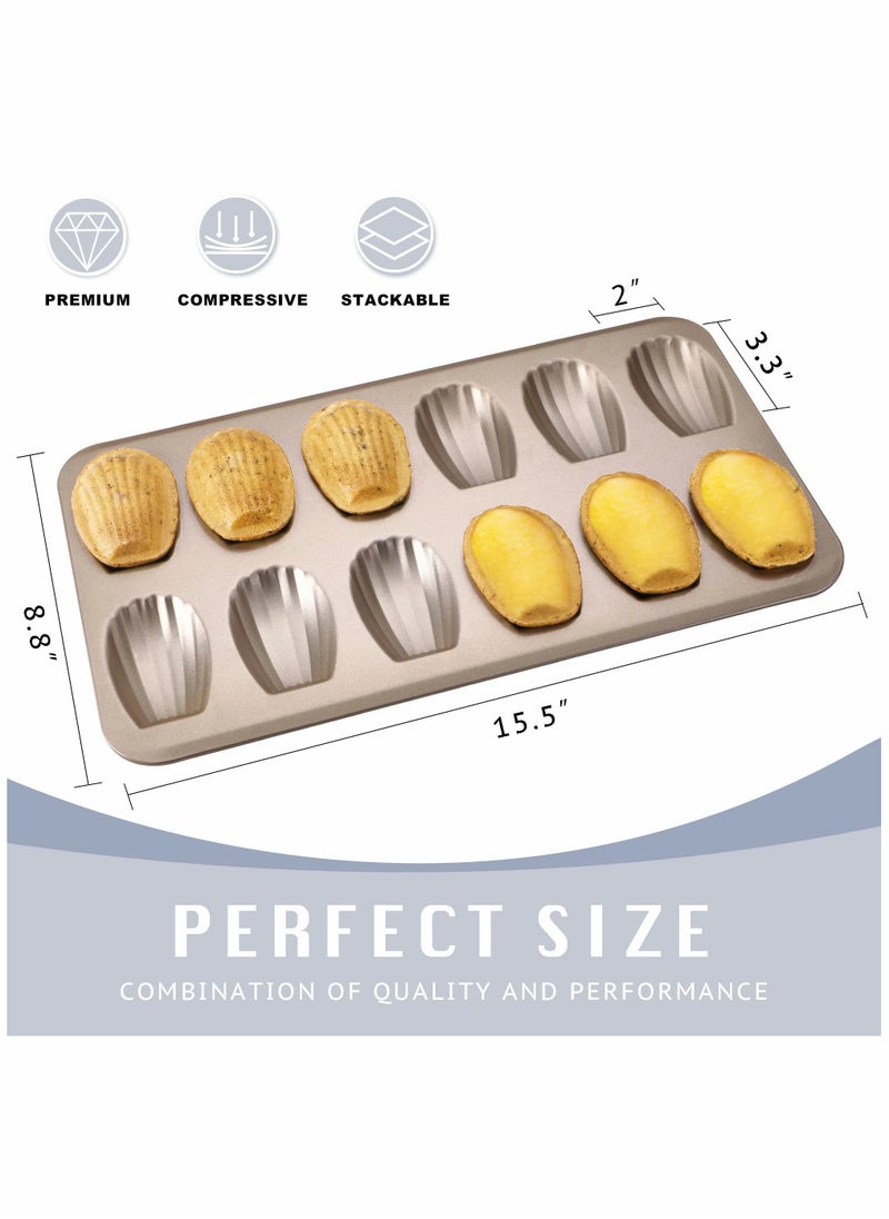 SYOSI - Nonstick Madeleine Pan 2 Pack 12-Cavity Heavy Duty Madeleine Cookies Trays for Oven Baking, Warp Resistant Shell Shape Madeleine Mold Cake Pan, Champagne Gold - Image 1
