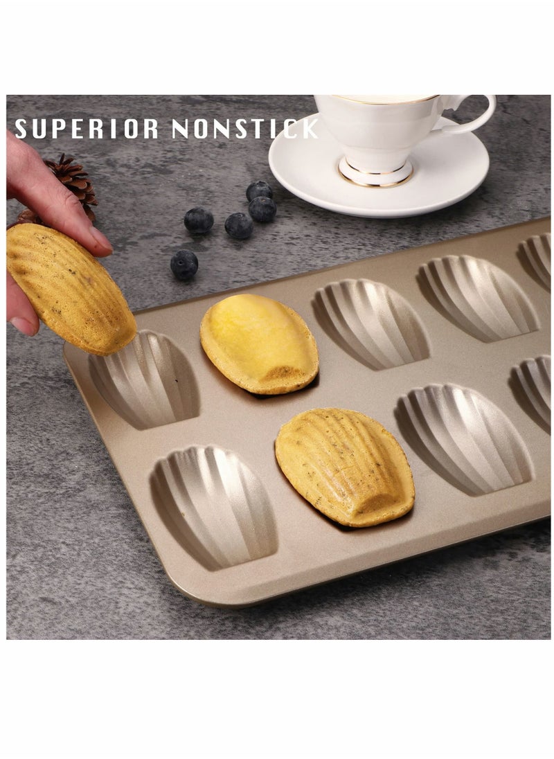 SYOSI - Nonstick Madeleine Pan 2 Pack 12-Cavity Heavy Duty Madeleine Cookies Trays for Oven Baking, Warp Resistant Shell Shape Madeleine Mold Cake Pan, Champagne Gold - Image 1