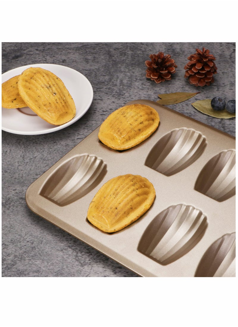 SYOSI - Nonstick Madeleine Pan 2 Pack 12-Cavity Heavy Duty Madeleine Cookies Trays for Oven Baking, Warp Resistant Shell Shape Madeleine Mold Cake Pan, Champagne Gold - Image 1