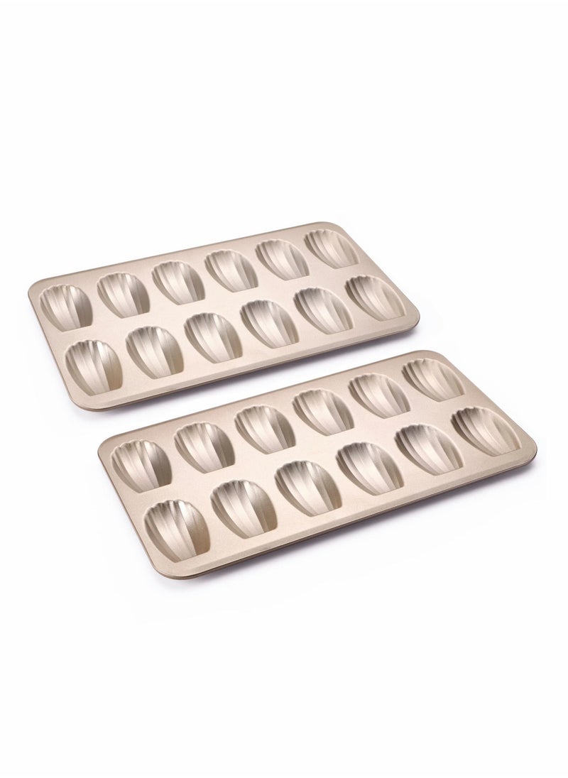 SYOSI - Nonstick Madeleine Pan 2 Pack 12-Cavity Heavy Duty Madeleine Cookies Trays for Oven Baking, Warp Resistant Shell Shape Madeleine Mold Cake Pan, Champagne Gold - Image 1