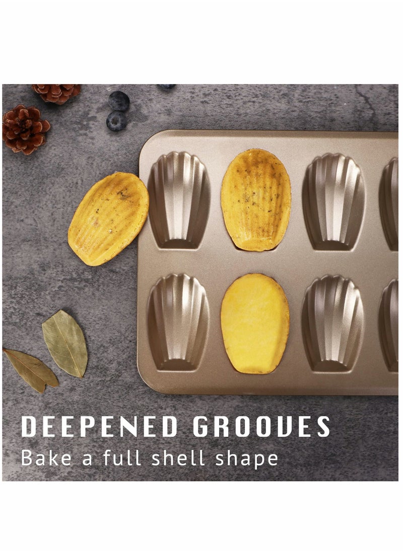 SYOSI - Nonstick Madeleine Pan 2 Pack 12-Cavity Heavy Duty Madeleine Cookies Trays for Oven Baking, Warp Resistant Shell Shape Madeleine Mold Cake Pan, Champagne Gold - Image 1