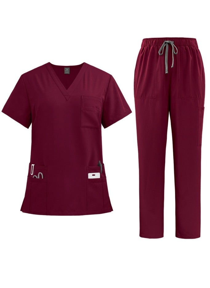 Loquat Medical Uniform Scrubs Set Medical Scrubs 2 Piece Set Top and Pants Suit With Pockets Wine Red 