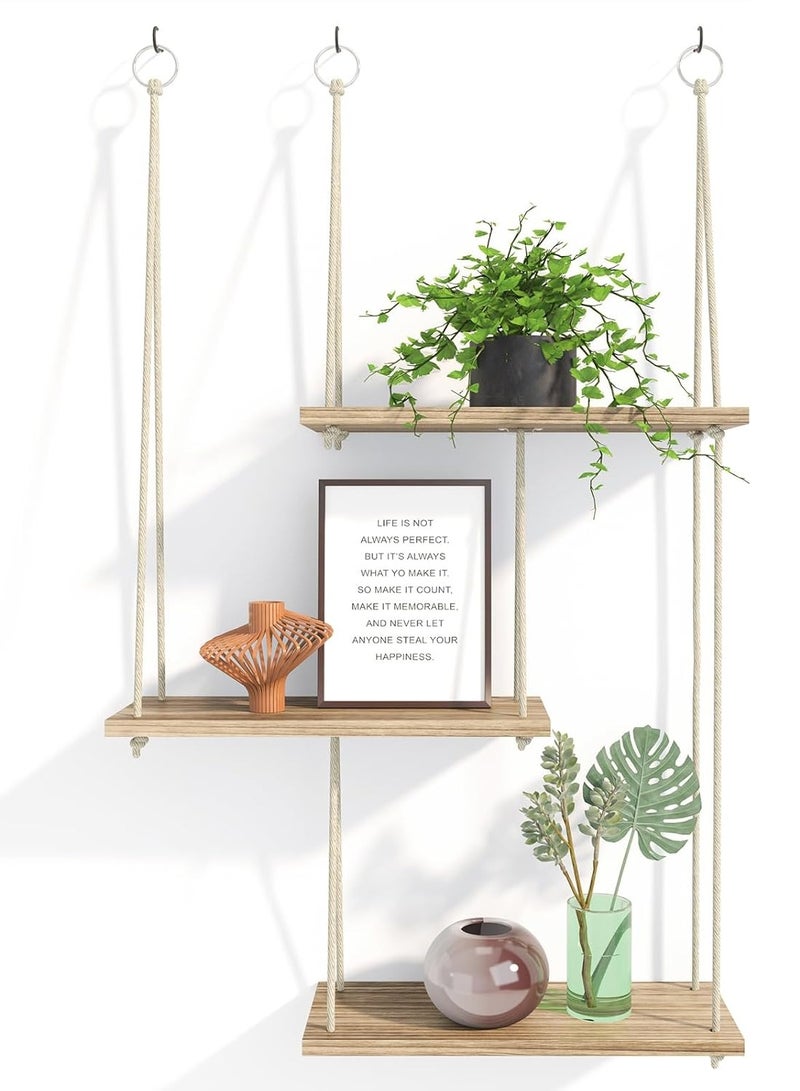Bukela Hanging Shelves for Wall, 3 Tier Boho Wall Decor Plant Rack Floating Shelves Rope Rustic Wood Organizer Storage Hanger for Aesthetic Home Bedroom Kitchen Bathroom- Rustic - Image 1