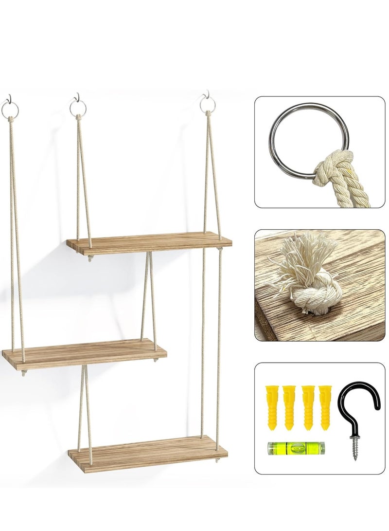 Bukela Hanging Shelves for Wall, 3 Tier Boho Wall Decor Plant Rack Floating Shelves Rope Rustic Wood Organizer Storage Hanger for Aesthetic Home Bedroom Kitchen Bathroom- Rustic - Image 2