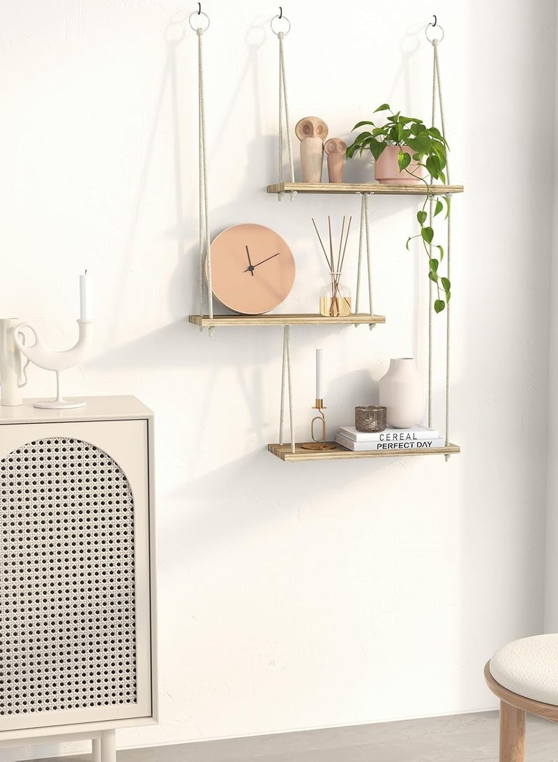 Bukela Hanging Shelves for Wall, 3 Tier Boho Wall Decor Plant Rack Floating Shelves Rope Rustic Wood Organizer Storage Hanger for Aesthetic Home Bedroom Kitchen Bathroom- Rustic - Image 3