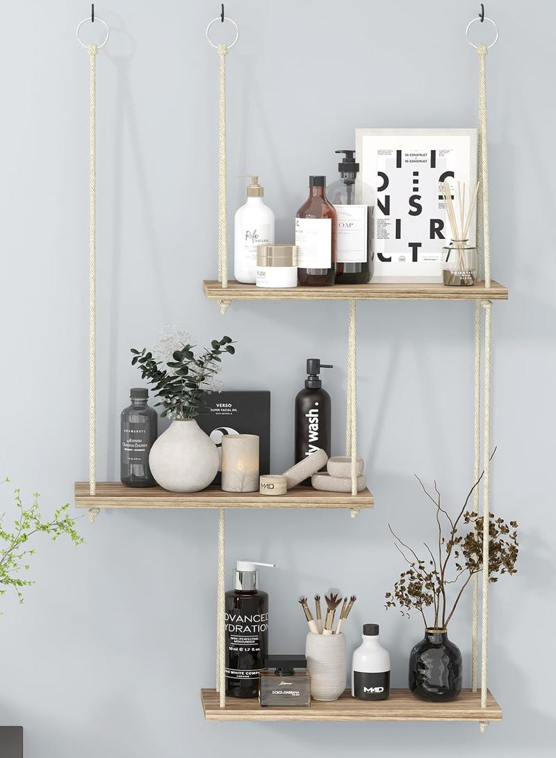 Bukela Hanging Shelves for Wall, 3 Tier Boho Wall Decor Plant Rack Floating Shelves Rope Rustic Wood Organizer Storage Hanger for Aesthetic Home Bedroom Kitchen Bathroom- Rustic - Image 4
