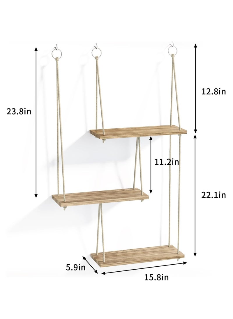 Bukela Hanging Shelves for Wall, 3 Tier Boho Wall Decor Plant Rack Floating Shelves Rope Rustic Wood Organizer Storage Hanger for Aesthetic Home Bedroom Kitchen Bathroom- Rustic - Image 5