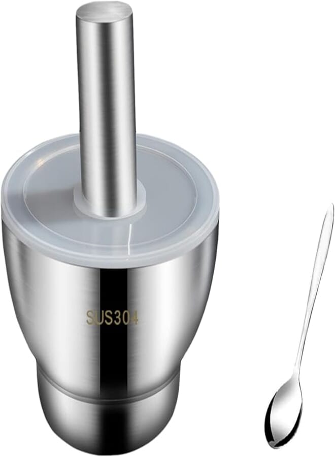 Premium Mortar and Pestle Set – Stainless Steel Mortar and Pestle, Multipurpose Pestle and Mortar Bowl for Grinding Pills, Herbs, Fine Powder Crusher,Make Guacamole, Pesto, Spice Grinder, with Lid