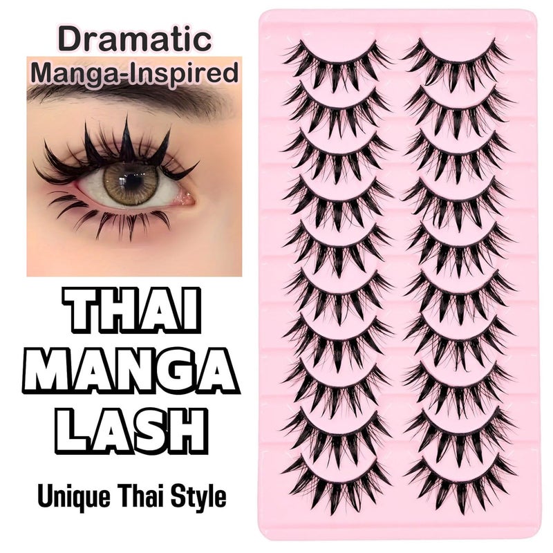 AUGENLI 10 Pairs Manga Lashes Natural Look Wispy Clusters 16mm Spiky Style Japanese Anime Cosplay Cat Eye Lashes Extension Makeup Faux Mink False Eyelashes (A0) - Image 5
