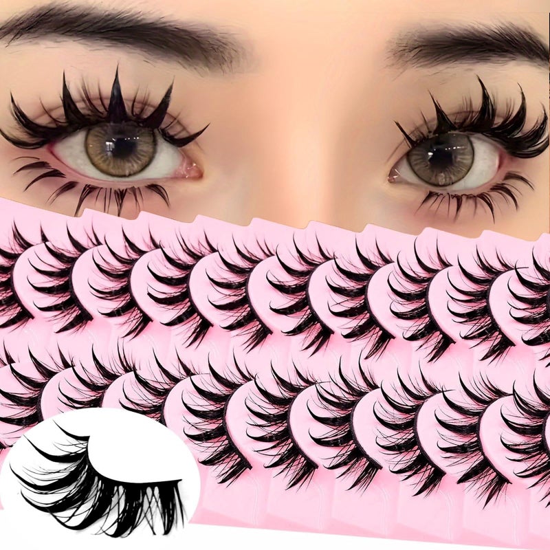 AUGENLI 10 Pairs Manga Lashes Natural Look Wispy Clusters 16mm Spiky Style Japanese Anime Cosplay Cat Eye Lashes Extension Makeup Faux Mink False Eyelashes (A0) - Image 1