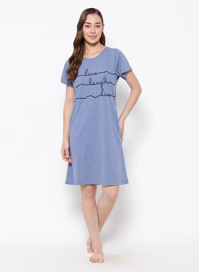 كلوفيا Clovia Text Print Long Sleep Tee in Cornflower Blue - 100% Cotton