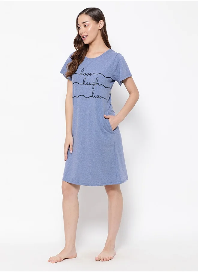 كلوفيا Clovia Text Print Long Sleep Tee in Cornflower Blue - 100% Cotton