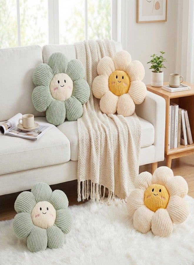 Novabright 2 Pcs Smile Flower Throw Pillows 15" White Flower Throw Pillows Decorative Daisy Floor Seating Cushion Aesthetic Cute Seat Cushion for Bed Sofa Couch Home Decor Bedroom Living Room Chair - Image 4