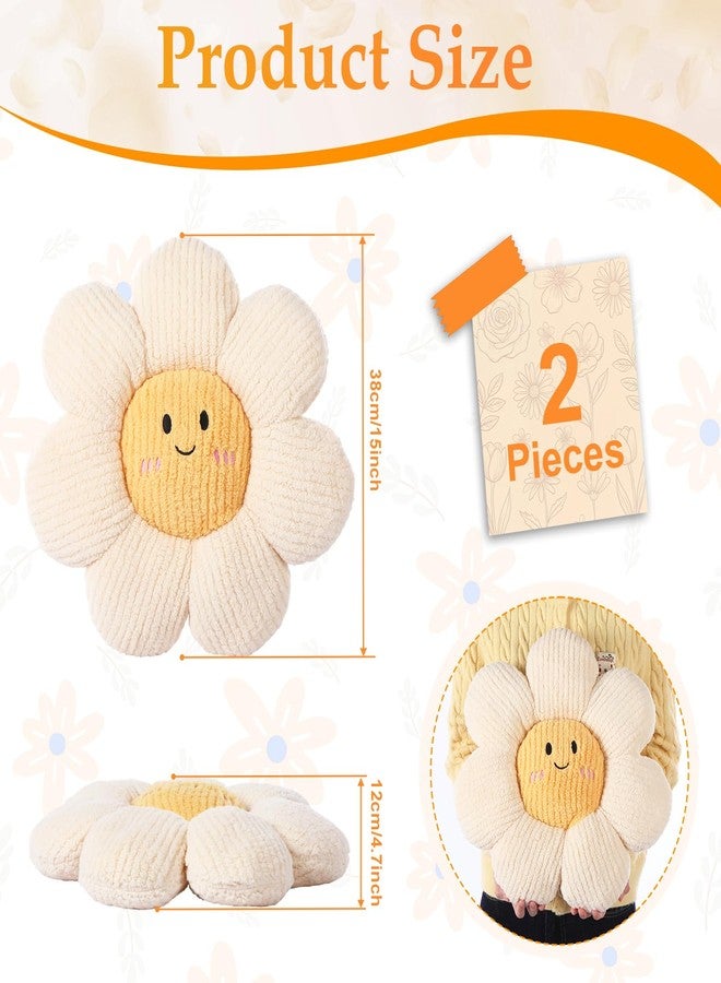 Novabright 2 Pcs Smile Flower Throw Pillows 15" White Flower Throw Pillows Decorative Daisy Floor Seating Cushion Aesthetic Cute Seat Cushion for Bed Sofa Couch Home Decor Bedroom Living Room Chair - Image 2