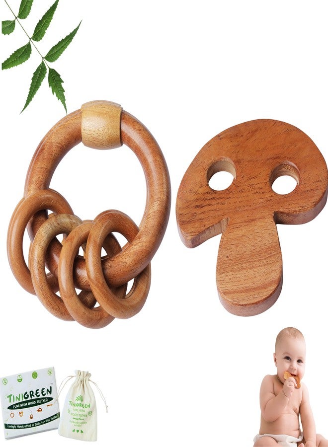 TINIGREEN Neem Wooden Baby Teether Natural Neem Wood Teething Toy for Infants 3–12 Months Chemical-Free, Handcrafted Baby Teether (Pack of 2) (Mushroom-Rattle) - Image 1