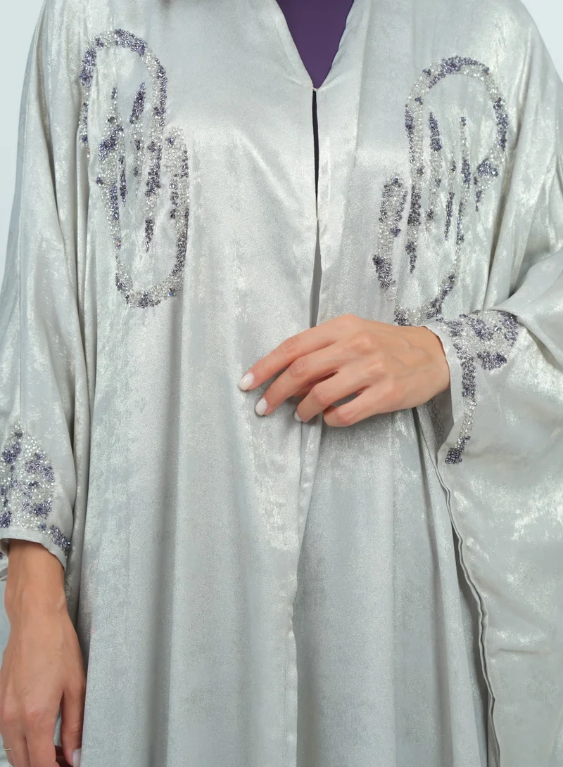 روزيت عباية عباية فضية مع تطريز + فستان داخلي بنفسجي