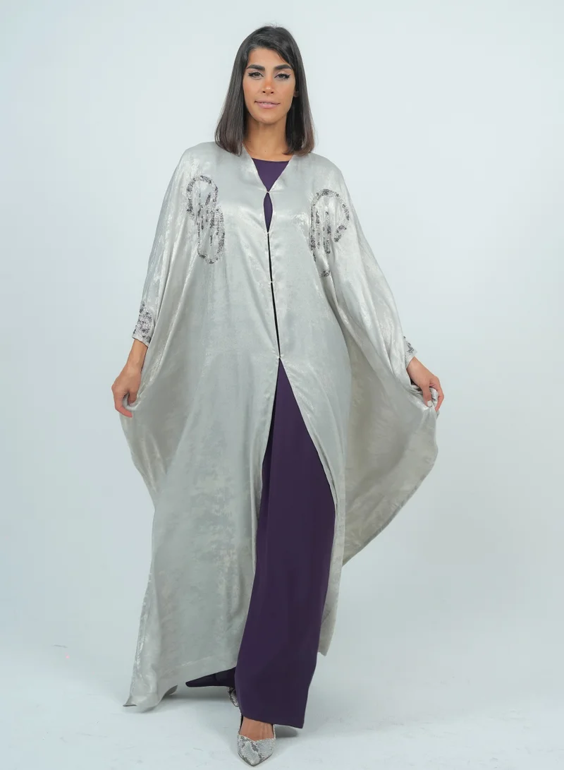 Rosette Abaya Embellishment Abaya Set  With  Embroidery Sleeves design Purple Inner Dress