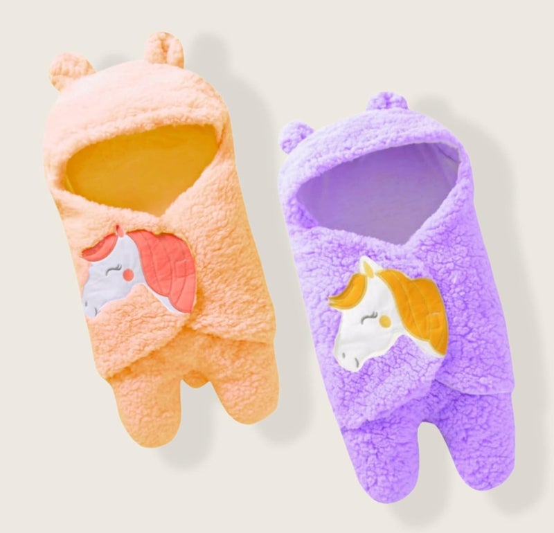 First Kick Baby Blankets Newborn Combo Pack of Super Soft Baby Wrapper Durable Fleece Polyester Cum Baby Sleeping Bag for Baby Boys Baby Girls Babies 76cm x 70cm 06 Months Pack of 2 Purple Peach