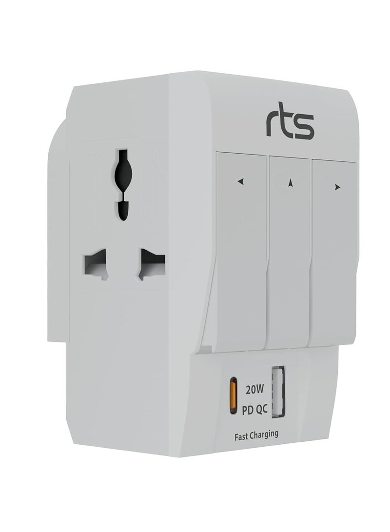 RTSU rts 3 Pin Multi Plug Socket-Worldwide Universal Travel Adapter with USB Ports & Type-C PD Individual Switch Safety Shutter LED Indicator-3 Way Plug Socket (5A-250V) Type D Plug for Home Office White  - Image 1