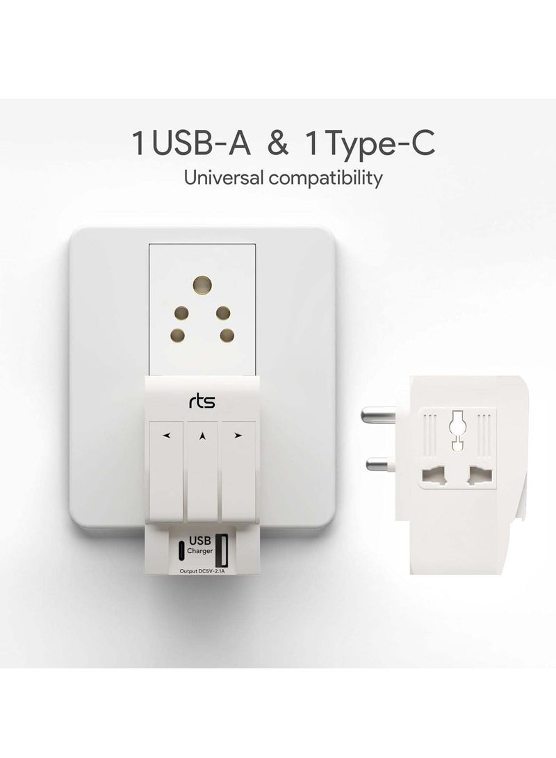 RTSU rts 3 Pin Multi Plug Socket-Worldwide Universal Travel Adapter with USB Ports & Type-C PD Individual Switch Safety Shutter LED Indicator-3 Way Plug Socket (5A-250V) Type D Plug for Home Office White  - Image 4