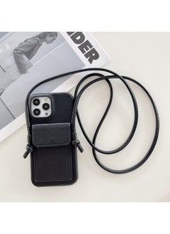 Japan And South Korea Card Case Crossing IPhone16 Phone Case Apple 15pro Max/13/X/7 Leather Phone Case-Color:Litchi Pattern Ear Card Holder Lanyard Black-Applicable Model:iPhone14plus