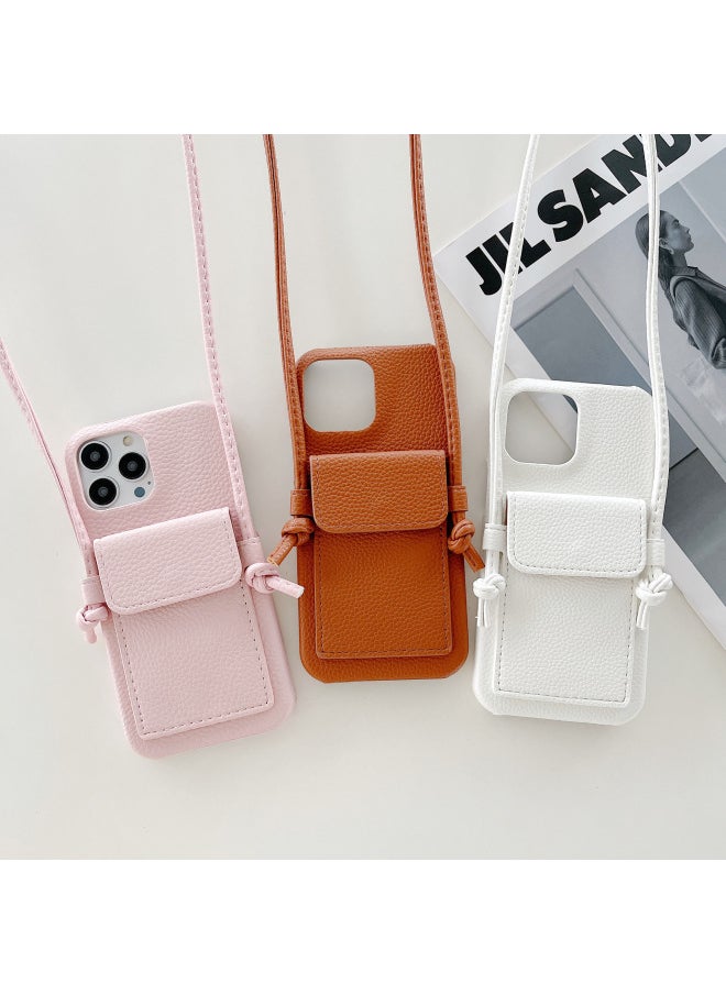 Generic - Japan And South Korea Card Case Crossing IPhone16 Phone Case Apple 15pro Max/13/X/7 Leather Phone Case-Color:Litchi Pattern Ear Card Holder Lanyard Black-Applicable Model:iPhone14plus - Image 1
