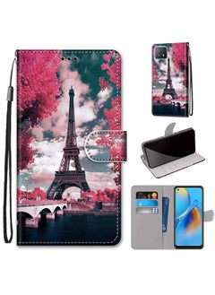 HuHa Case Cover For OPPO A72 5G / A73 5G / A53 5G Coloured Drawing Cross Texture Horizontal Flip PU Leather Case with Holder & Card Slots & Wallet & Lanyard Pink Flower Tower Bridge 