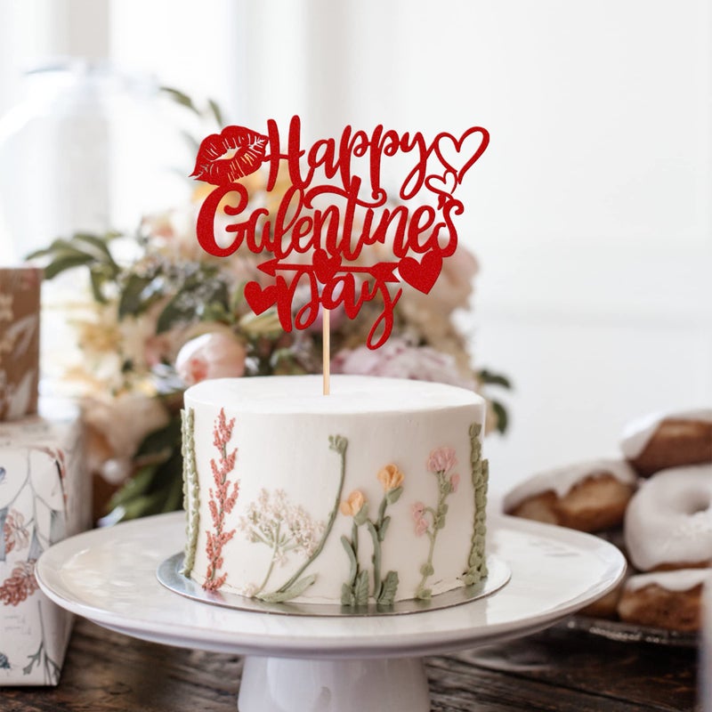 Rsstarxi 1 Pack Happy Galentine's Day Cake Topper Glitter Lips Cupid's Arrow Love Heart Cake Pick for Valentine's Day Theme Bridal Shower Party Cake Decorations Supplies Red - Image 5