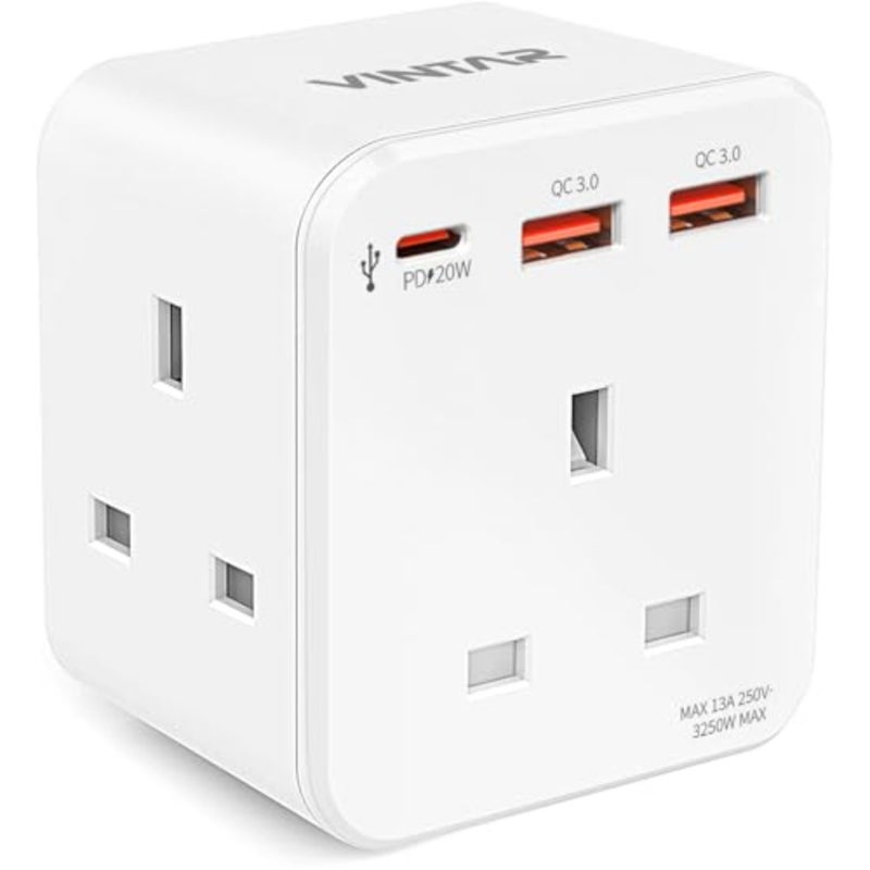 3 Way Adapter Plug Extension Socket for Bedroom Office Kitchen White ABS Plastic with Fast Charge, 3 AC Outlets + 3 USB Ports, 13A Double Plug Adaptor, 1 Pack - Image 1