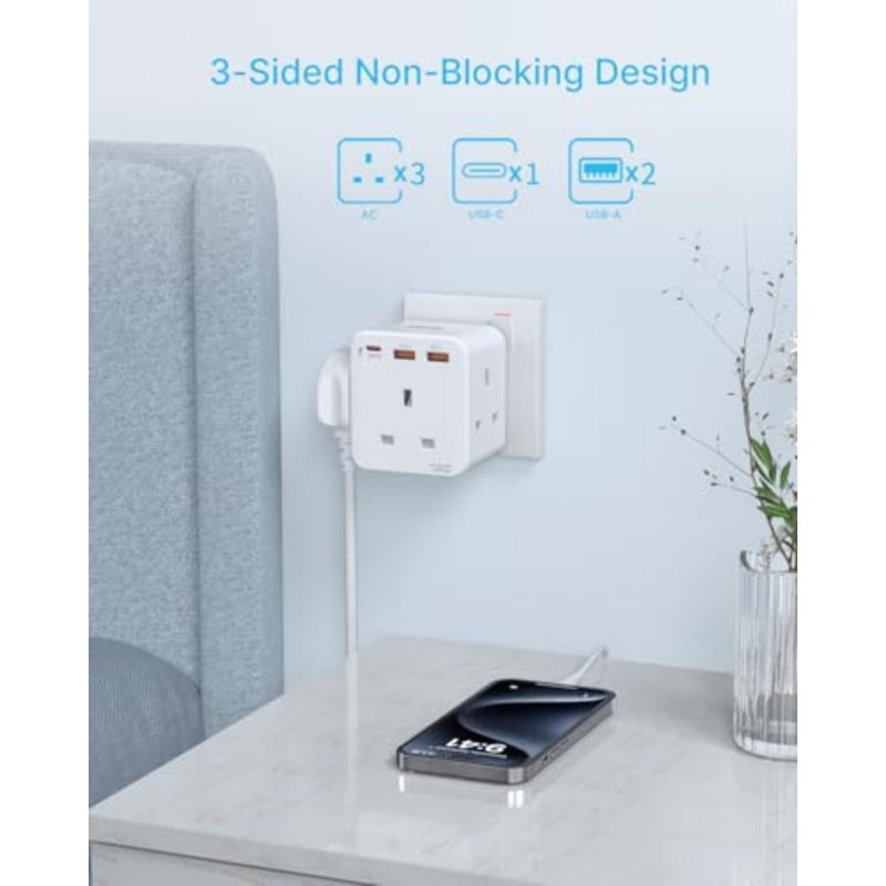 3 Way Adapter Plug Extension Socket for Bedroom Office Kitchen White ABS Plastic with Fast Charge, 3 AC Outlets + 3 USB Ports, 13A Double Plug Adaptor, 1 Pack - Image 3