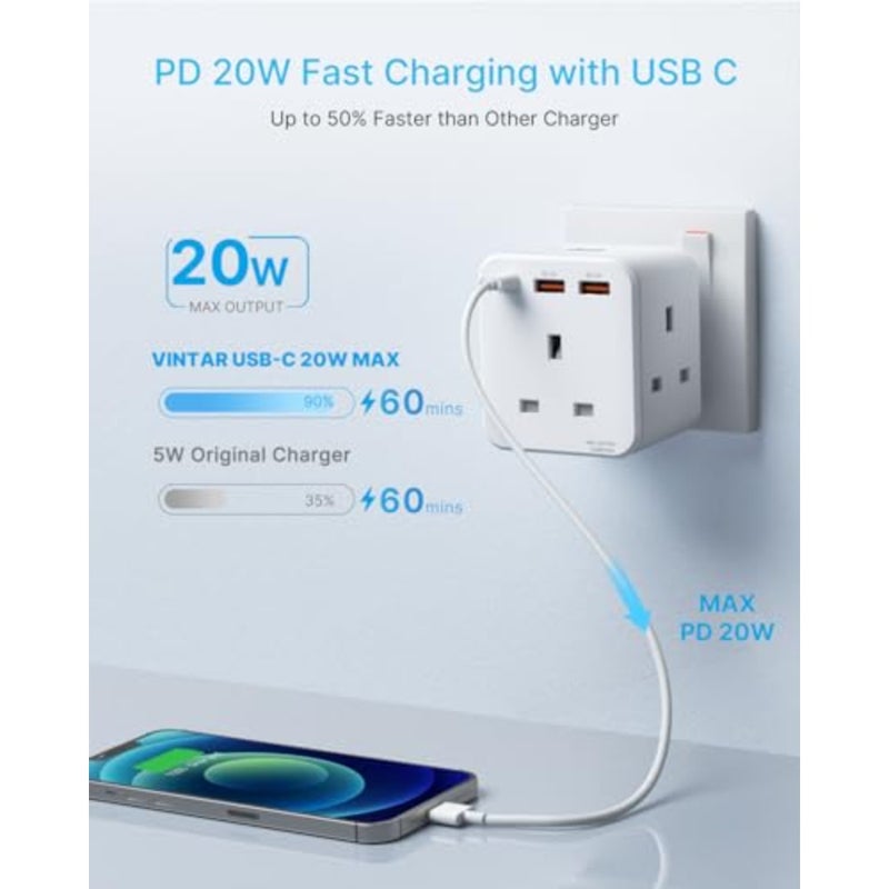3 Way Adapter Plug Extension Socket for Bedroom Office Kitchen White ABS Plastic with Fast Charge, 3 AC Outlets + 3 USB Ports, 13A Double Plug Adaptor, 1 Pack - Image 2