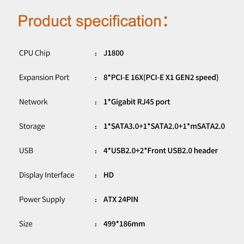 لوحة الأم D1800-D8P-D3 مع معالج J1800 مدمج 8 فتحات PCI-E 16X شبكة جيغابيت منافذ USB2.0 + HD يدعم 8 كروت رسومية - Image 2