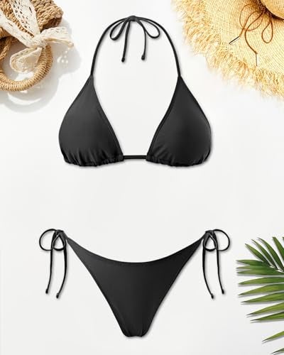 Holipick Two Piece Triangle Bikini Sets for Women String Bathing Suit Halter Top with Side Tie Bikini Bottom Black - Image 2