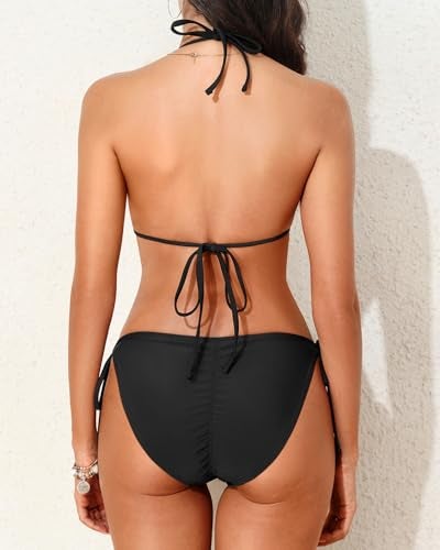 Holipick Two Piece Triangle Bikini Sets for Women String Bathing Suit Halter Top with Side Tie Bikini Bottom Black - Image 5
