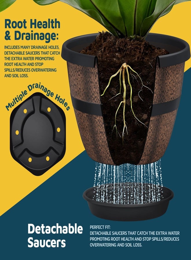 لايف ماستر مجموعة من 5 أوعية زراعة خارجية على شكل براميل ويسكي مقاس 10 بوصات - أوعية نباتات بلاستيكية متينة للاستخدام الداخلي والخارجي مزودة بفتحات تصريف وصحن، أوعية زراعة خفيفة الوزن على شكل براميل ريفية للزهور والأعشاب والنباتات الصغيرة - Image 4