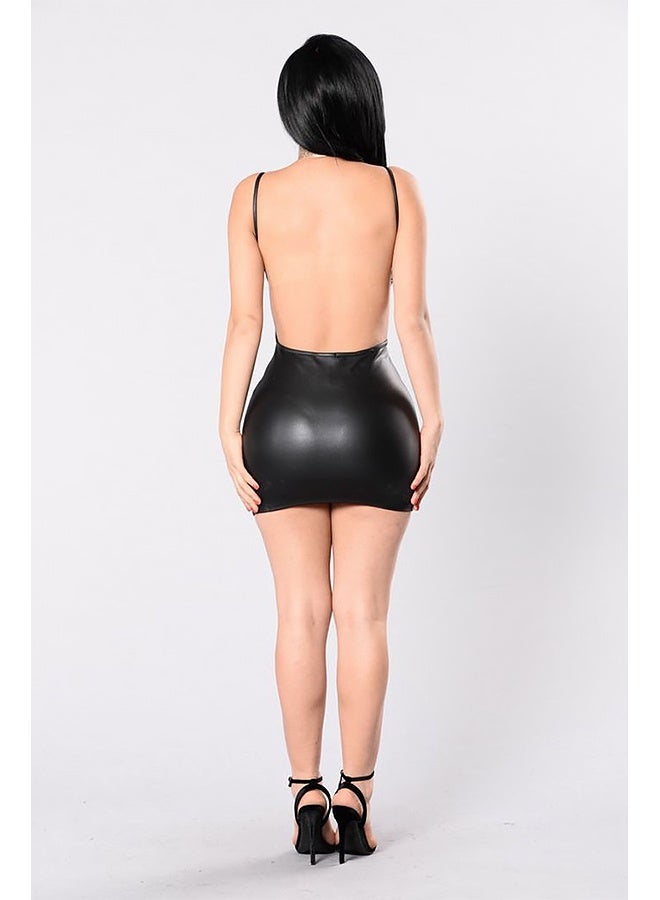 Tight Party Suspender Mini Dress for Women's Sleeveless Cropped Leather Skirt Black - Image 2