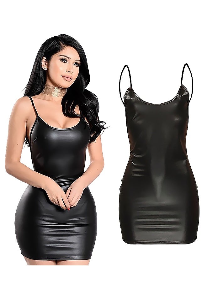 Tight Party Suspender Mini Dress for Women's Sleeveless Cropped Leather Skirt Black - Image 1