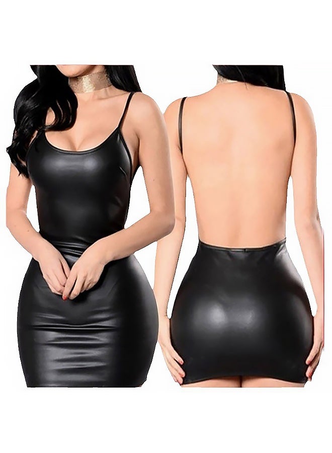 Tight Party Suspender Mini Dress for Women's Sleeveless Cropped Leather Skirt Black - Image 3