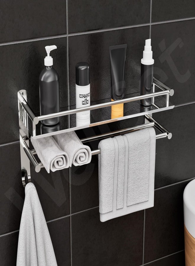 Well Set Stainless Steel Bathroom Wall Shelf with Railing & Towel Holder | Wall Mounted Multipurpose Rack for Bathroom, Kitchen & Living Room | Durable Chrome Finish (16x10 Inch) - Image 1