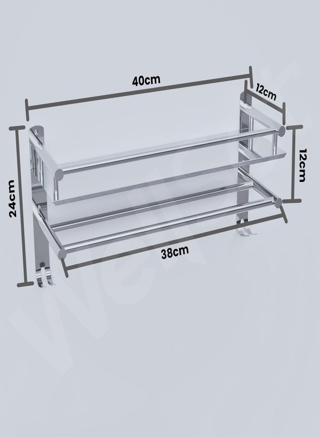 Well Set Stainless Steel Bathroom Wall Shelf with Railing & Towel Holder | Wall Mounted Multipurpose Rack for Bathroom, Kitchen & Living Room | Durable Chrome Finish (16x10 Inch) - Image 2