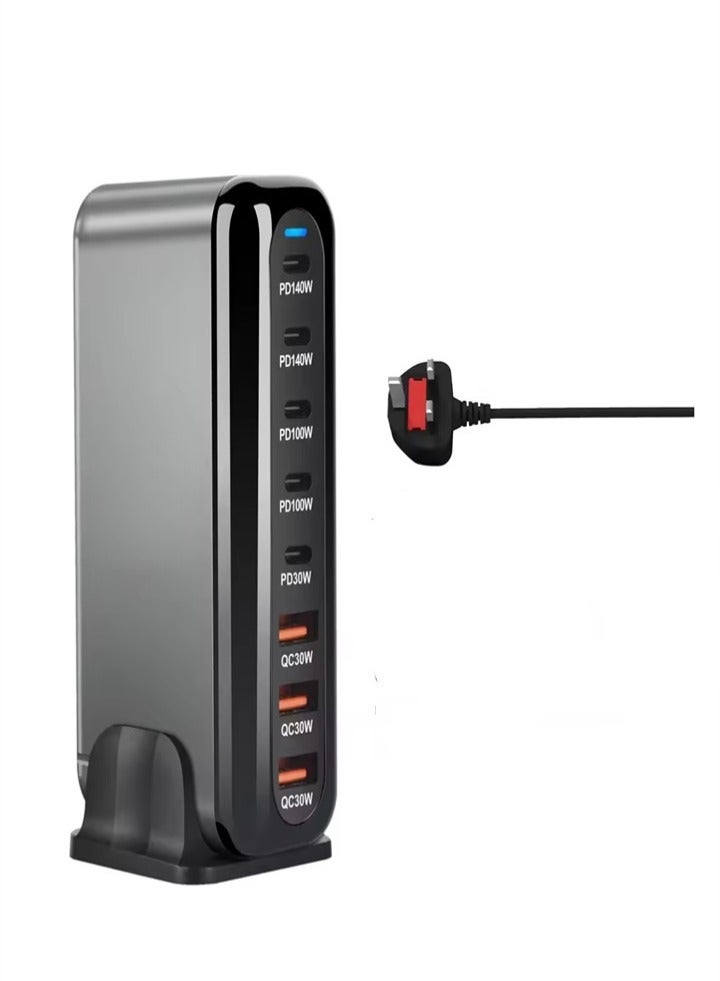 شاحن USB A وUSB C بقوة 600 وات مزود بـ 8 منافذ شحن سريع ومقبس حائطي متعدد المنافذ ومحطة شحن سطح المكتب ومحول طاقة وشاحن كمبيوتر محمول مع سلك طاقة بطول 1.5 متر باللون الأسود - Image 1